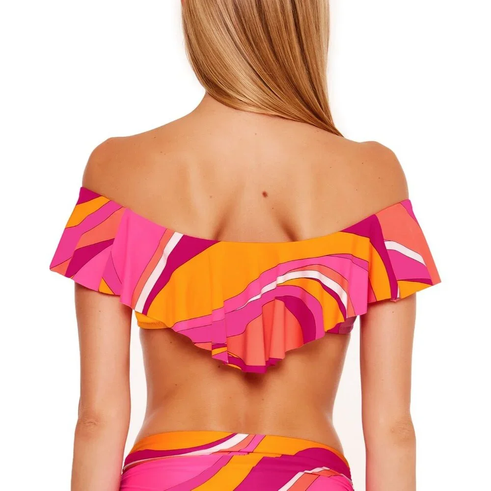 Trina Turk Vivid Vista Printed Ruffled Bandeau Bikini Top Pink Orange 10 - Picture 2 of 6